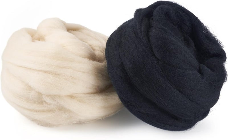 Boutigem 100G Black White Wool Roving for Needle Felting, Soft Chunky Wool Yarn, Spinning Wool Roving for Beginners DIY Handmade Crafts Animal Weaving Blending Needle Felting Supplies - Image 1